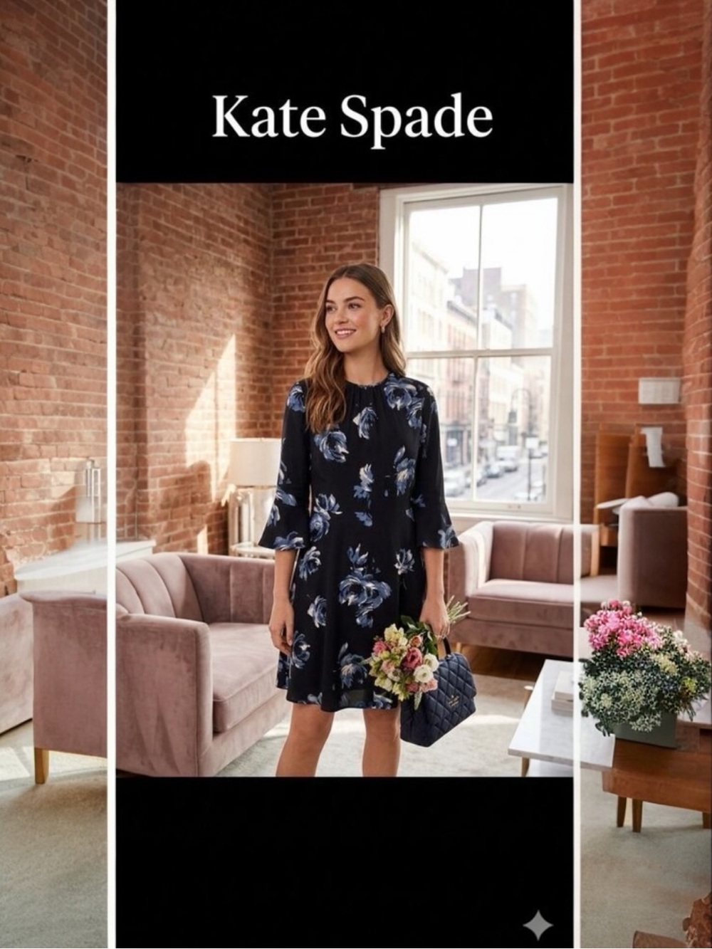 Kate Spade New York "Night Rose" Bell Sleeve Crepe Dress - Size 12